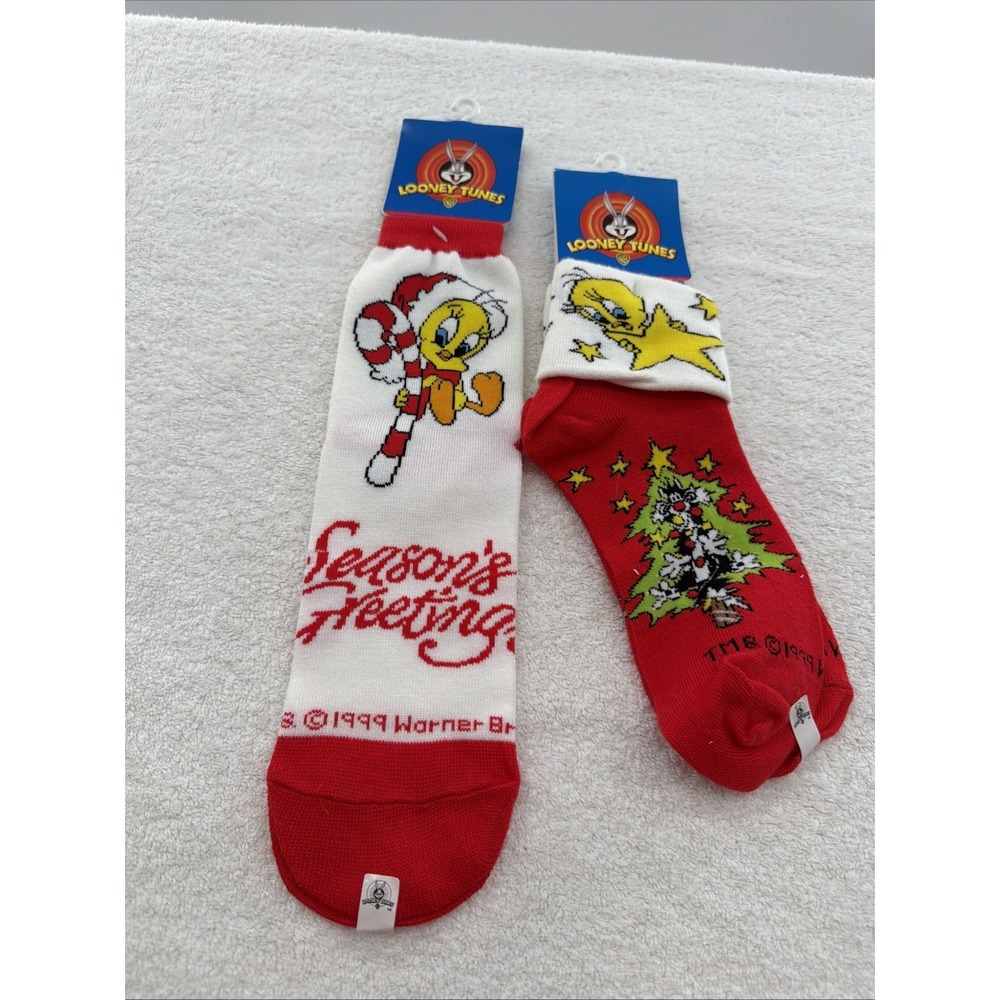 Vintage 90s Looney Toons Tweety And Sylvester Christmas Holiday Socks Size 9-11